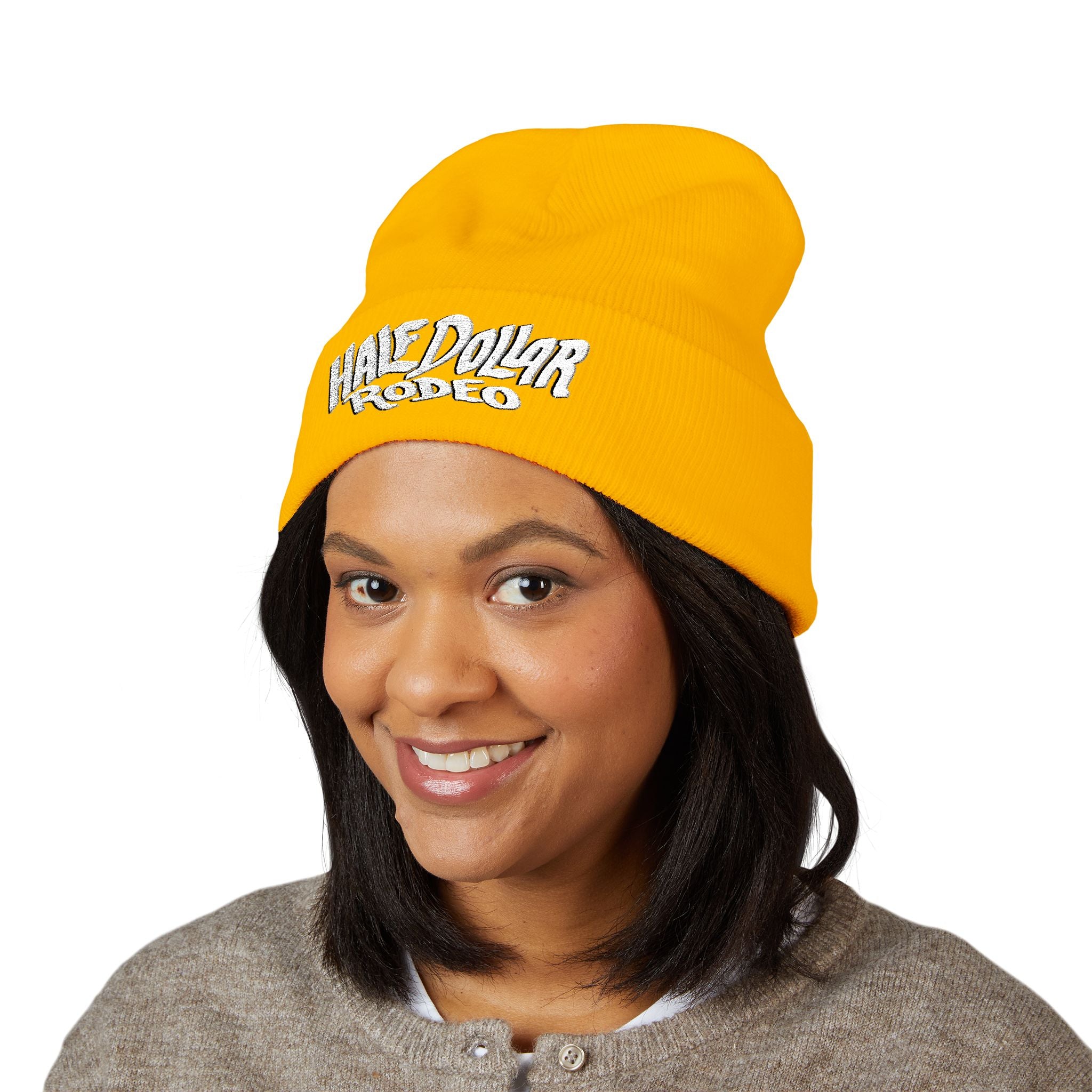 Half Dollar Rodeo Embroidered Cuffed Beanie — Warm Yellow Knit Hat