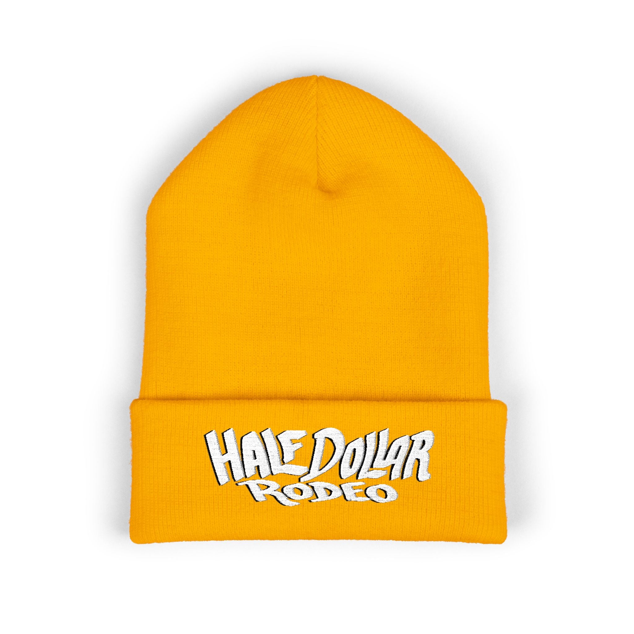 Half Dollar Rodeo Embroidered Cuffed Beanie — Warm Yellow Knit Hat